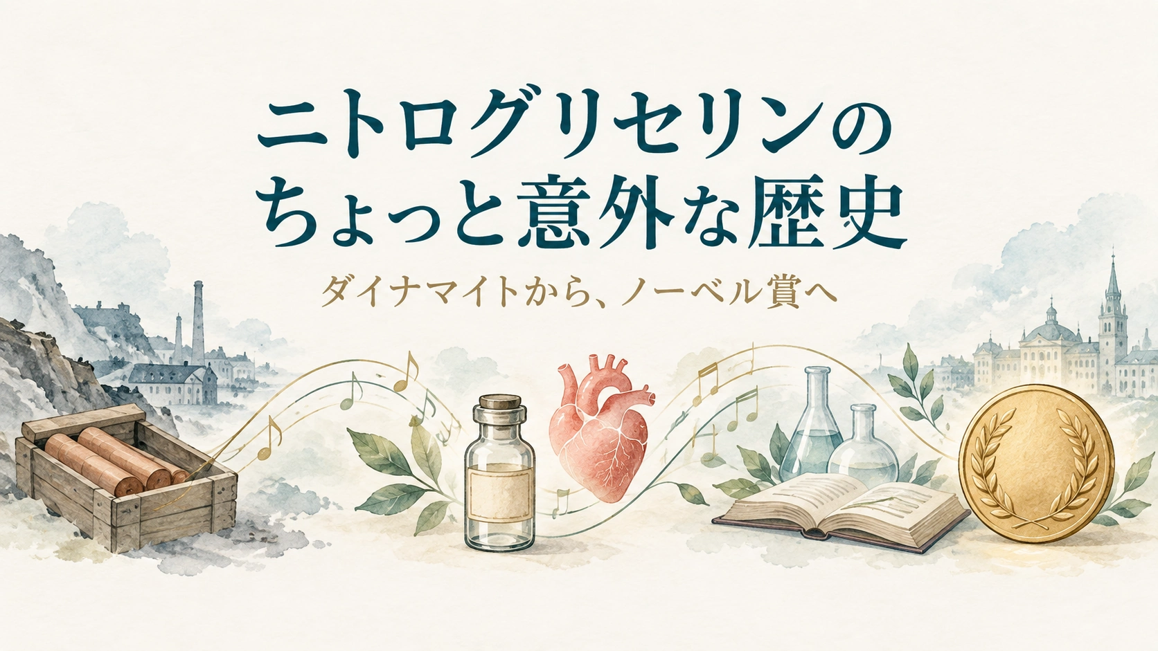 ニトログリセリンのちょっと意外な歴史。ダイナマイト、薬瓶、心臓、実験器具、メダルを描いた水彩調のイラスト。